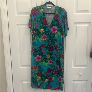 Susan Graver Tropical Floral Midi Dress in Teal and Pink